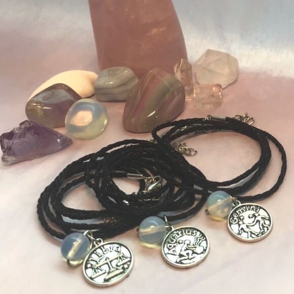 LIBRA IRON ZODIAC AND MOONSTONE PLANET CHARM BLACK SILK CORD NECKLACE - Picture 5 of 6